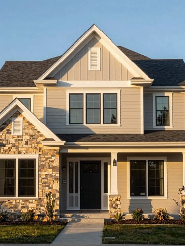 Premium architectural photography of a finished custom home exterior in Quincy, warm golden hour light hitting clean siding and masonry, sharp focus, 35mm lens