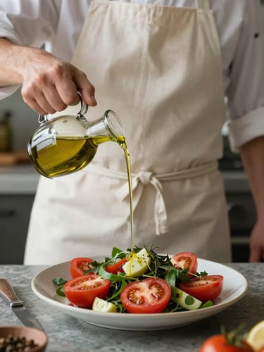 A chef in a clean linen apron pouring olive oil over a freshly prepared heirloom tomato salad, soft side daylight, rustic kitchen background