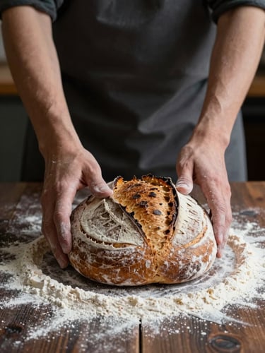 Hands of an artisan baker shaping rustic sourdough loaves on a flour-dusted dark wooden table, soft dramatic side lighting, Scandinavian style