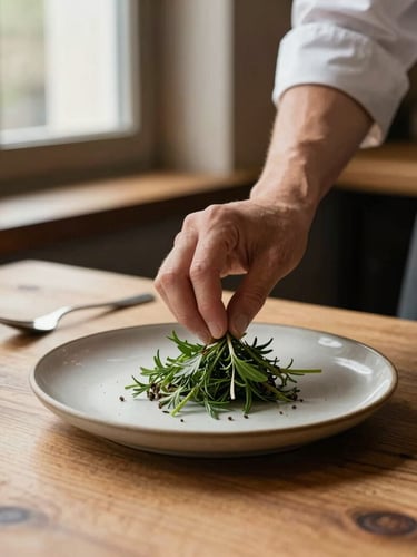 A warm Scandinavian-style restaurant scene, rustic wooden table, soft window light, a chef placing a fresh herb on a minimalist ceramic plate.