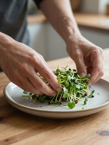 Natural light Scandinavian kitchen scene, hands gently placing fresh microgreens on a rustic ceramic plate, soft side daylight, raw wooden table texture.