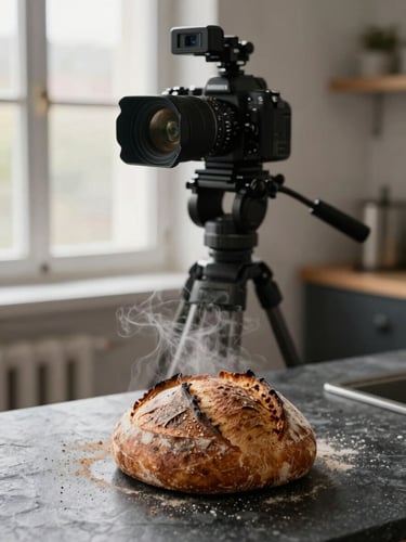 Behind-the-scenes content creation, a professional camera on a tripod focused on a steaming sourdough bread on a dark stone counter, soft morning window light.