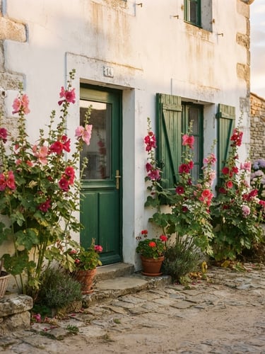 Intimate medium shot of a traditional white Rétaise house facade with green shutters, climbing hollyhocks, soft late afternoon golden hour sun, 35mm
