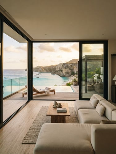 Wide-angle view from inside a luxurious, sunlit living room with modern minimalist decor, looking out through large sliding glass doors onto a private terrace with a panoramic turquoise ocean view and dramatic cliffs of Playa Lagun in the distance, golden hour light, architectural framing