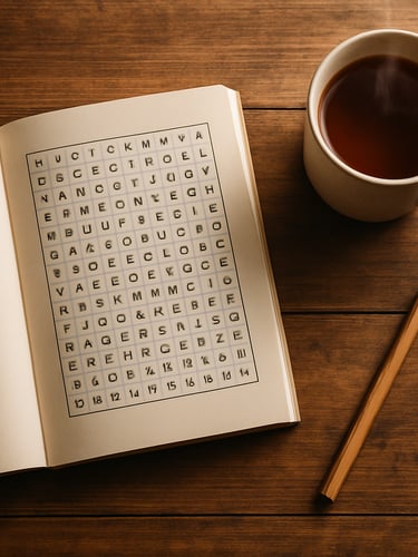 Overhead flat-lay of an open word search book on a rustic wooden table with a sharp pencil and a steaming mug of tea, soft morning light