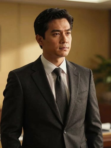 Cinematic portrait of Jayan Cervantes in a tailored dark suit, natural side-lit executive office environment, warm gold and deep obsidian tones, shallow depth of field, 35mm