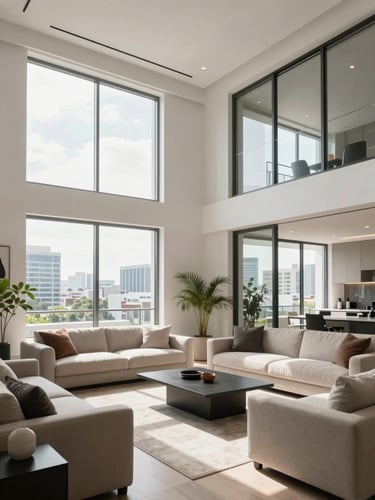 Wide-angle interior of a bright modern living room in a Đà Nẵng apartment, large windows flooding the space with natural daylight, clean white walls, contemporary furniture, city view visible through glass