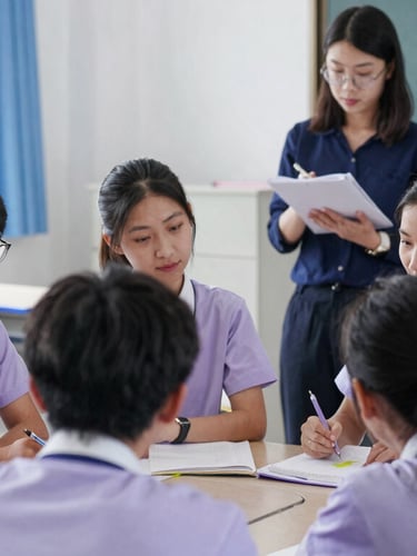 A wide editorial photograph of an active classroom discussion, high-school students collaborating around a table, a teacher trainee taking notes in the background, bright natural daylight.