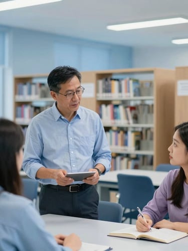 Medium-wide shot of an academic mentor guiding a pre-service teacher in a bright, modern classroom library, shallow depth of field, cool blue tones.