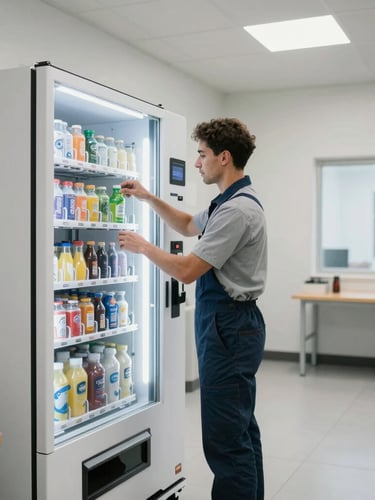 Wide shot of a professional uniformed technician in a clean, modern warehouse breakroom, stocking fresh items into a glowing glass-front vending machine, bright natural light.