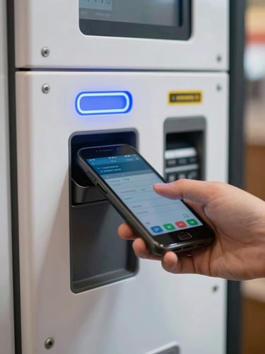 Tight close-up of a sleek contactless payment terminal on a modern vending machine, glowing blue LED indicator, a hand tapping a phone to pay, clean and sharp focus.
