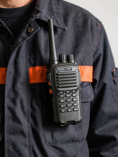 Gritty industrial walkie-talkie clipped to a heavy-duty work jacket, high-contrast side-lighting, safety-orange accent visible, sharp focus, 35mm