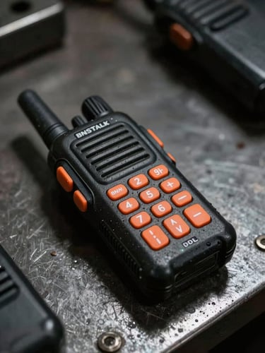 Tight macro shot of a rugged BNSTalk walkie-talkie with safety-orange buttons resting on a steel industrial workbench, dramatic side-lighting, 35mm