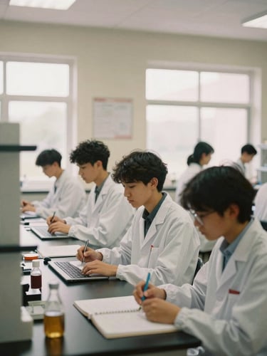 Medium wide environmental shot of university students collaborating in a modern biology laboratory, natural diffused daylight from large windows, warm muted tones, shallow depth of field, authentic 35mm film look.