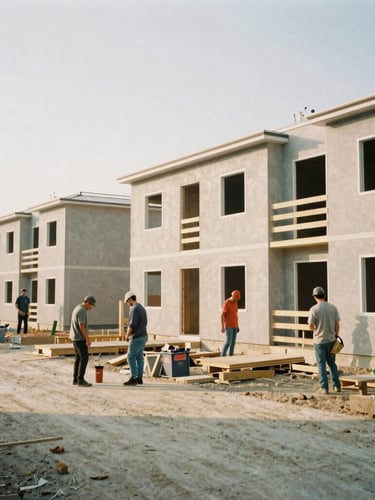 Wide environmental shot of a community housing project under construction, local workers collaborating under diffused daylight, authentic 35mm film look.