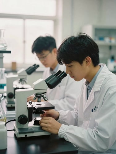A bright, naturally lit science laboratory where two university students in white coats collaborate over a microscope, authentic 35mm film look.