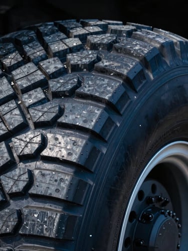 Macro close-up of heavy-duty truck tire tread pattern, sharp focus on deep rubber grooves, dramatic studio lighting highlighting metallic rims and industrial texture