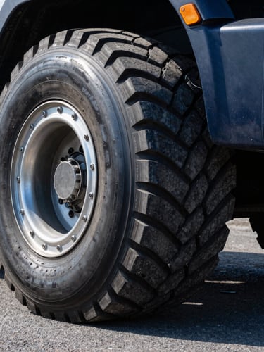 Low-angle heroic shot of a heavy-duty transport truck tire tread on asphalt, crisp daylight highlighting deep rubber grooves, metallic rims, dramatic commercial photography, 35mm lens.