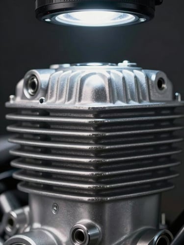 Extreme close-up macro of motorcycle engine fin detail, machined aluminum surface with precise casting lines, single hard strobe light from above casting sharp shadow, dark matte background, no people, technical and precise