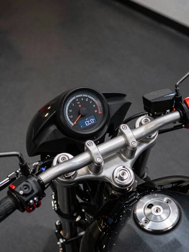 Extreme close-up overhead shot of a motorcycle instrument cluster and handlebar controls on a dark showroom floor, studio strobe lighting casting precise hard shadows, chrome details sharp against matte black bodywork, no rider visible