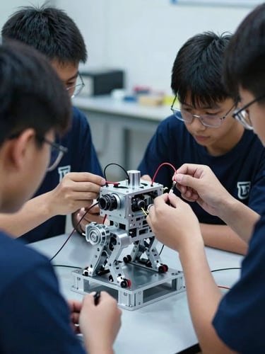 Dynamic over-the-shoulder shot of high-school students intensely focused on wiring a custom aluminum robot chassis, cool workshop daylight, metallic textures, deep blue tones, 50mm lens