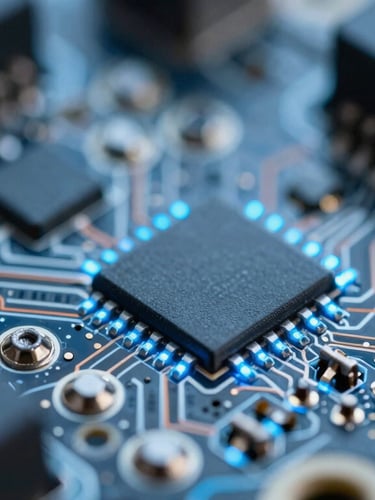 Macro close-up of a modern microcontroller board, exposed copper traces, metallic soldering points, cool blue led glow, crisp technical photography, 50mm lens