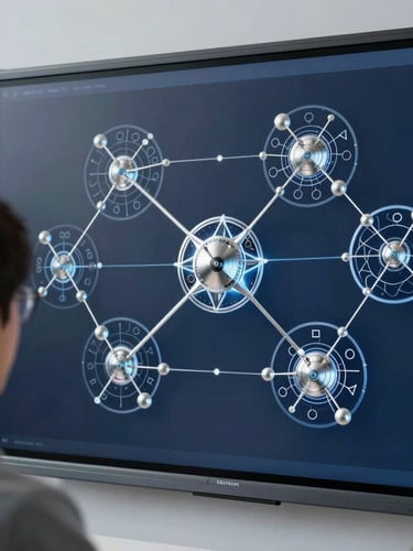 Over-the-shoulder shot of a technology teacher presenting a complex neural network diagram on a digital board, cool-toned workshop daylight, sharp metallic and glass textures, deep blue tones, 50mm lens