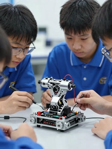 Crisp technical photography of high-school students intensely focused on a robotic microcontroller, cool workshop daylight, sharp metallic textures, deep blue and silver tones.