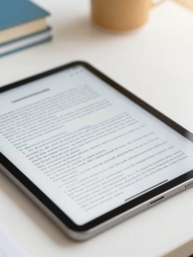 Close-up of a clean study desk, an open tablet showing a highlighted law PDF, warm natural daylight, soft focus, 35mm photography