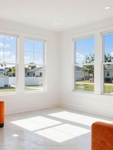 Bright high-key interior photography of a modern Cape Coral living room, crisp natural sunlight pouring through large windows, clean white surfaces with subtle vivid orange accents, 35mm