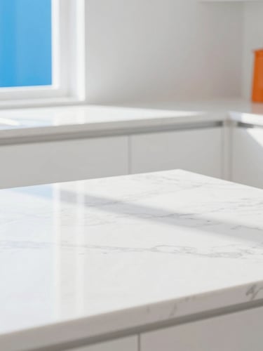 Bright high-key interior photography of a pristine modern kitchen, crisp natural sunlight reflecting off clean white marble countertops, 35mm