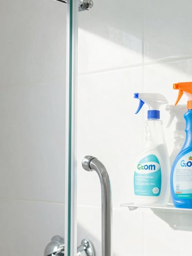 Close-up of a spotless glass shower door and white tiled bathroom reflecting bright Florida sunlight, eco-friendly cleaning tools neatly arranged on a shelf, 35mm