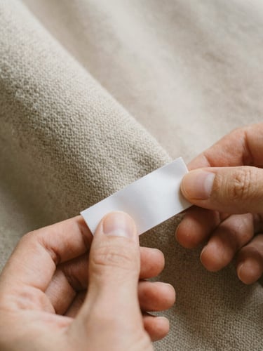 Close-up of high-quality wool fabric stitching, warm natural daylight, hands holding a minimalist garment tag, shallow depth of field