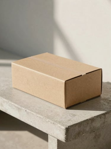 Minimalist cardboard packaging box on a concrete bench, warm afternoon sun casting soft architectural shadows, clean Scandinavian design