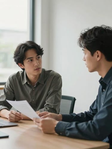 Medium shot of two people seated across a table in a calm, minimal office space, one reviewing a printed document while the other speaks, eye contact visible between them, soft natural daylight from a nearby window