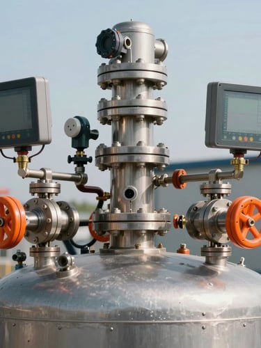 Close-up of a robust industrial oxygen generator pressure swing adsorption vessel, steel valves and digital monitoring interfaces with safety orange accents, hard high-contrast daylight, 35mm
