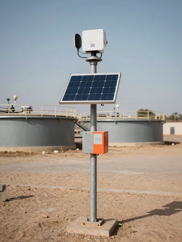 A robust environmental monitoring station installed near an industrial basin, metal casing, solar panel attached, dusty ground, harsh West African daylight, 35mm