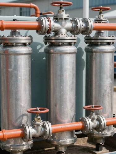 Close-up of a robust industrial water filtration unit with metallic valves and safety orange pipes, hard natural daylight, industrial documentary photography style