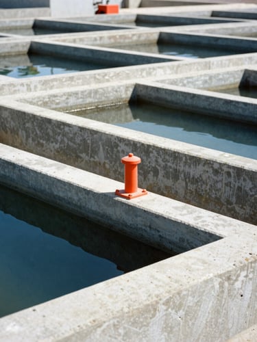 Wide environmental shot of an industrial water filtration facility in Senegal, concrete basins under hard daylight, high-contrast cool tones, 35mm