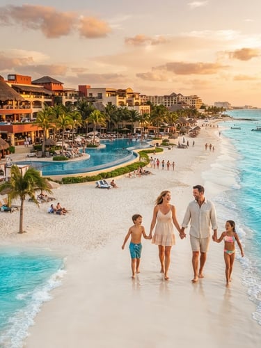 Wide environmental shot of a luxury family resort in Cancun, bright turquoise water, white sand beach, golden-hour light, 35mm lens