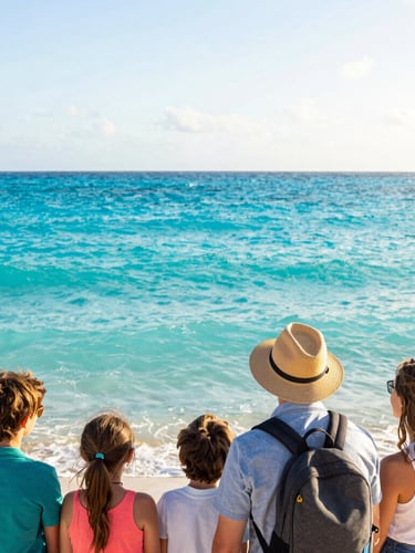 Bright editorial travel photograph of a local travel planner looking out over the turquoise ocean of Cancun, sunny day, 35mm lens