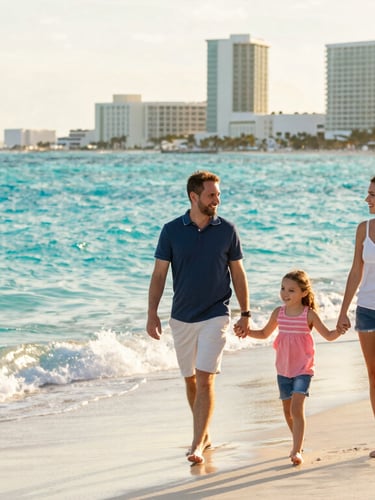 A happy family of three walking along the turquoise shoreline of Cancun, soft golden hour sunlight reflecting off the gentle waves, high-end beachfront hotels in the far background, bright editorial travel photography style