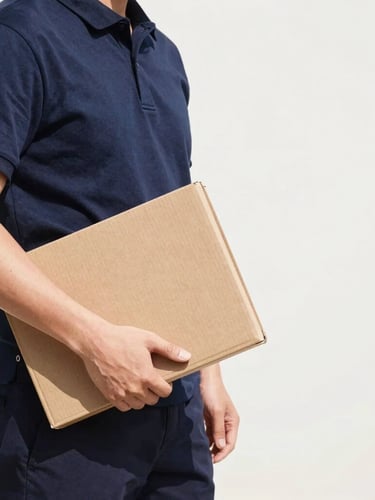 A professional courier in motion carrying a secure document folder, bright high-contrast daylight, 35mm lens.