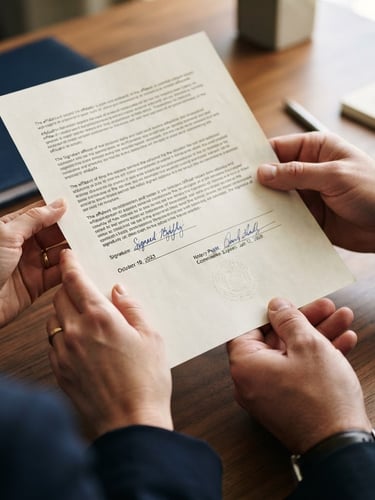 Close-up of hands holding a signed legal affidavit, bright crisp daylight, deep navy tones, sharp focus.