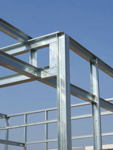 Sharp architectural photo of a Light Steel Framing structure under construction, galvanized steel profiles reflecting crisp daylight, geometric angles, blue sky background, high contrast, 35mm