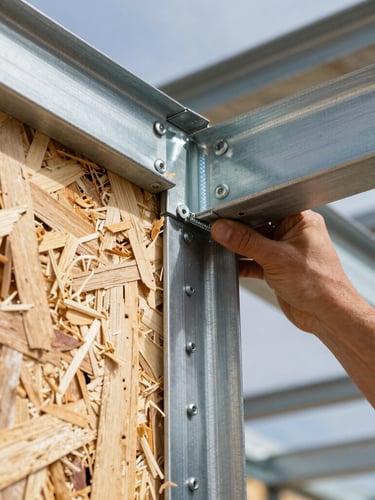 Macro close-up of a worker installing moisture-resistant OSB/3 cladding on a steel framing structure, precise screw pattern, crisp daylight, high contrast, industrial-technical style