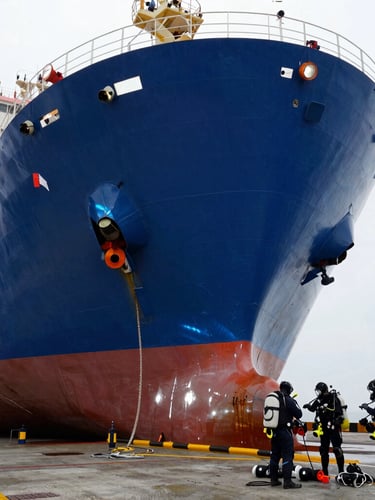 A massive industrial vessel hull in a dry dock, commercial divers preparing equipment on the dockside, high-contrast overcast daylight, sharp focus, industrial marine photography