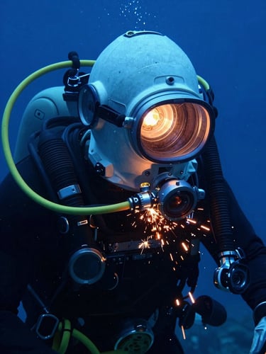 Close-up of a high-tech commercial diving helmet with umbilical lines, underwater welding sparks illuminating the dark water, cool blue tones, industrial marine photography