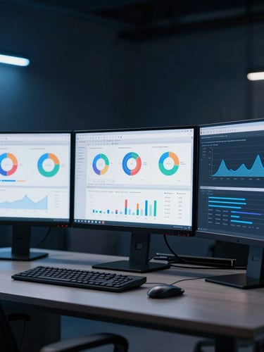 A sleek modern workspace in Chennai with multiple monitors displaying analytics dashboards, soft blue ambient light, professional atmosphere, 35mm lens