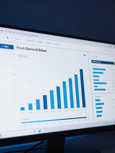 A close-up of a modern tech workspace in Chennai, sharp focus on a clean UI dashboard showing growth metrics on a screen, ambient blue side lighting, 35mm lens